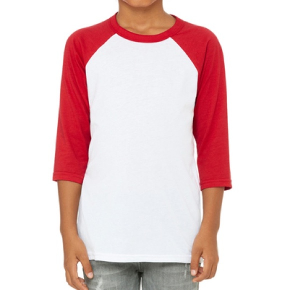 Bella + Canvas 3200Y Youth Red 3/4-Sleeve Baseball Tee, Blank Youth Sh…